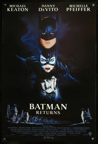 6s077 BATMAN RETURNS advance 1sh '92 Michael Keaton, Danny DeVito, Michelle Pfeiffer!