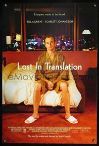 6s357 LOST IN TRANSLATION DS 1sh '03 image of lonely Bill Murray in Tokyo, Sophia Coppola!