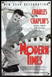 6s383 MODERN TIMES 1sh R90s classic Charlie Chaplin w/gears & huge wrench!