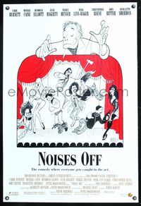 6s413 NOISES OFF DS 1sh '92 great wacky Al Hirschfeld art of cast as puppets!
