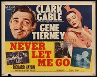6t397 NEVER LET ME GO style B 1/2sh '53 different artwork of Clark Gable & sexy Gene Tierney!