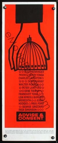 6v327 ADVISE & CONSENT insert '62 Otto Preminger, classic Saul Bass Washington Capitol artwork!