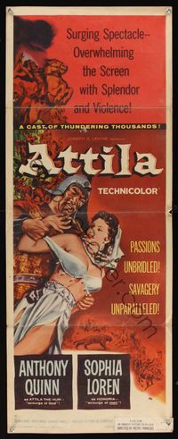 6v343 ATTILA insert '58 art of Anthony Quinn as The Hun grabbing sexy Sophia Loren!