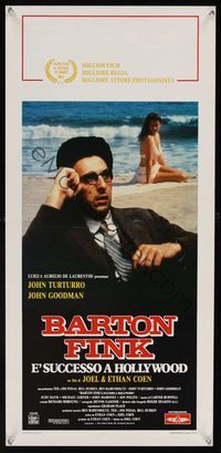 6v682 BARTON FINK Italian locandina '91 Coen Brothers, wacky John Turturro w/sexy girl on beach!
