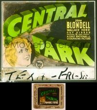 6w085 CENTRAL PARK glass slide '32 artwork of pretty Joan Blondell, who falls in love in New York!