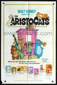6x059 ARISTOCATS 1sh '71 Walt Disney feline jazz musical cartoon, great image!