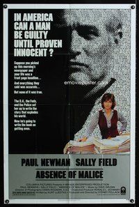6y009 ABSENCE OF MALICE 1sh '81 Paul Newman, Sally Field, Sydney Pollack, cool design!