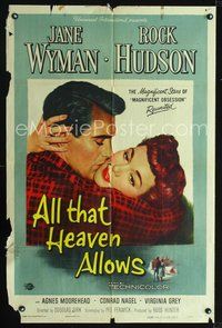 6y027 ALL THAT HEAVEN ALLOWS 1sh '55 close up romantic art of Rock Hudson & Jane Wyman!