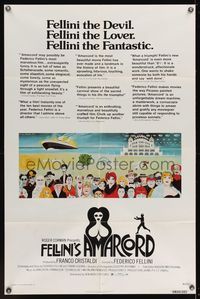 6y031 AMARCORD reviews 1sh '74 Federico Fellini classic comedy, Juliano Geleng artwork!