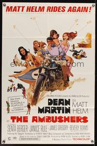 6y034 AMBUSHERS 1sh '67 art of Dean Martin as Matt Helm with sexy Slaygirls on motorcycle!