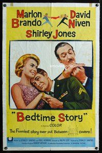 6y073 BEDTIME STORY 1sh '64 Marlon Brando, David Niven & Shirley Jones!
