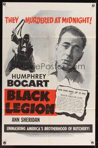 6y090 BLACK LEGION 1sh R56 Humphrey Bogart, creepy art of klansman w/whip!