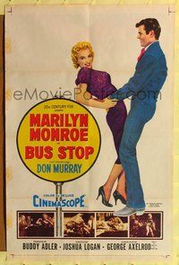 6y116 BUS STOP 1sh '56 great image of cowboy Don Murray holding sexy Marilyn Monroe!