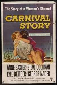 6y125 CARNIVAL STORY 1sh '54 sexy Anne Baxter held by Steve Cochran who she loves real bad!