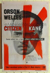 6y138 CITIZEN KANE 1sh R56 some called Orson Welles a hero, others called him a heel!