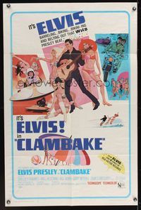 6y139 CLAMBAKE 1sh '67 cool art of Elvis Presley in speed boat with sexy babes, rock & roll!