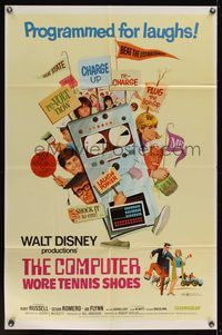 6y145 COMPUTER WORE TENNIS SHOES 1sh '69 Walt Disney, art of young Kurt Russell & wacky machine!