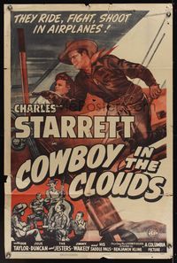 6y158 COWBOY IN THE CLOUDS 1sh '43 cowboy Charles Starrett riding & shooting on airplane!