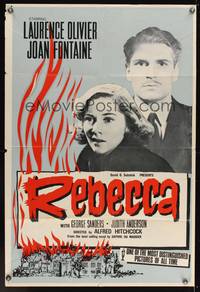 6y693 REBECCA English 1sh R50s Alfred Hitchcock, art of Laurence Olivier & Joan Fontaine!