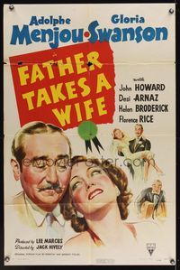 6y219 FATHER TAKES A WIFE style A 1sh '41 great close up of Gloria Swanson & Adolphe Menjou!
