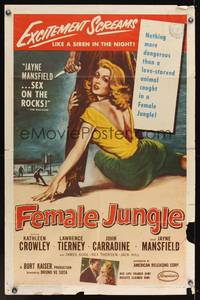 6y221 FEMALE JUNGLE 1sh '56 artwork of sexy love-starved animal Kathleen Crowley!
