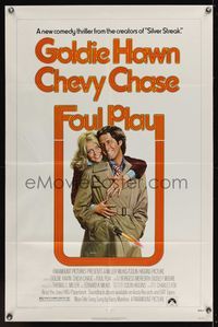 6y239 FOUL PLAY 1sh '78 wacky Lettick art of Goldie Hawn & Chevy Chase, screwball comedy!