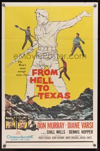 6y250 FROM HELL TO TEXAS 1sh '58 cool full-length art of Don Murray w/rifle, Diane Varsi, Man Hunt!
