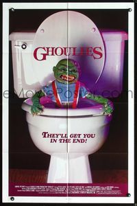 6y271 GHOULIES 1sh '85 wacky horror image of goblin in toilet, they'll get you in the end!