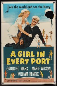 6y275 GIRL IN EVERY PORT 1sh '52 artwork of wacky sailor Groucho Marx & sexy Marie Wilson!
