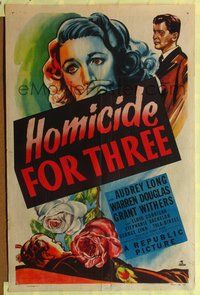 6y347 HOMICIDE FOR THREE 1sh '48 cool artwork of terrified Audrey Long + dead guy & man with gun!