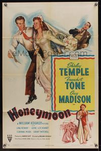 6y348 HONEYMOON style A 1sh '47 great artwork of newlyweds Shirley Temple & Guy Madison in Mexico!