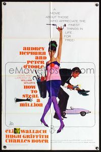 6y362 HOW TO STEAL A MILLION 1sh '66 art of sexy Audrey Hepburn & Peter O'Toole by McGinnis!