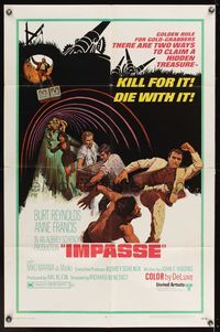 6y374 IMPASSE 1sh '69 cool action art of Burt Reynolds kicking thug in the face, Anne Francis!