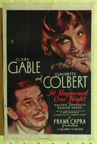 6y393 IT HAPPENED ONE NIGHT 1sh R48 close-up art of Clark Gable & Claudette Colbert!
