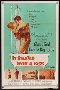 6y394 IT STARTED WITH A KISS 1sh '59 Glenn Ford & Debbie Reynolds kissing in shower in Spain!