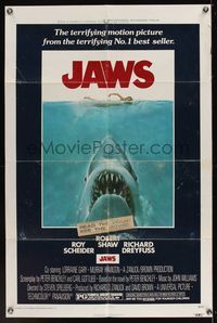 6y399 JAWS 1sh '75 artwork of Steven Spielberg's classic man-eating shark attacking sexy swimmer!