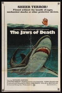 6y402 JAWS OF DEATH 1sh '76 great artwork image of giant shark underwater!