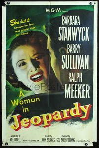 6y403 JEOPARDY 1sh '53 Barbara Stanwyck in Jeopardy, struggling with Ralph Meeker, film noir!