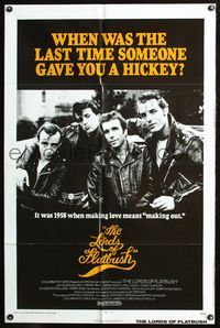 6y491 LORDS OF FLATBUSH 1sh R77 cool portrait of Fonzie, Rocky, & Perry as greasers in leather!