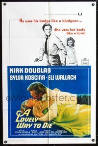 6y495 LOVELY WAY TO DIE 1sh '68 great image of Kirk Douglas romancing Sylva Koscina!