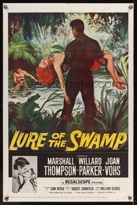 6y500 LURE OF THE SWAMP 1sh '57 art of man carrying unconcious sexy woman!