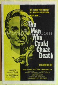 6y514 MAN WHO COULD CHEAT DEATH 1sh '59 Hammer horror, cool half-alive & half-dead headshot art!