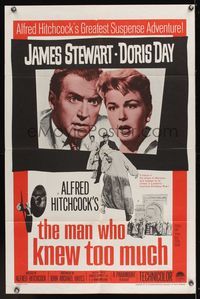 6y516 MAN WHO KNEW TOO MUCH 1sh R60s Alfred Hitchcock, husband & wife Jimmy Stewart & Doris Day!