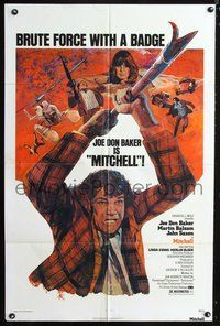 6y555 MITCHELL 1sh '75 art of Joe Don Baker in title role with harpoon!