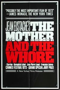 6y567 MOTHER & THE WHORE 1sh '73 Jean Eustache, Jean-Pierre Leaud, Bernadette Lafont