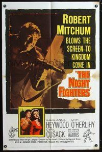 6y591 NIGHT FIGHTERS 1sh '60 Robert Mitchum blows the screen to kingdom come!