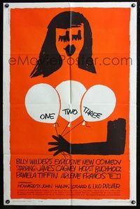 6y621 ONE TWO THREE 1sh '62 Billy Wilder, James Cagney, wonderful Saul Bass art of girl w/balloons!