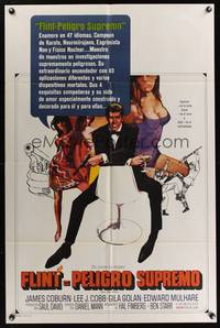 6y629 OUR MAN FLINT Spanish/U.S. 1sh '66 Bob Peak art of James Coburn, sexy James Bond spy spoof!