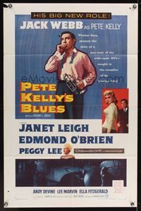 6y657 PETE KELLY'S BLUES 1sh '55 Jack Webb smoking & holding trumpet, sexy Janet Leigh!