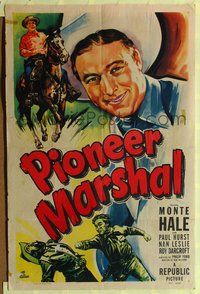 6y666 PIONEER MARSHAL 1sh '49 great huge close up artwork of smiling cowboy Monte Hale!
